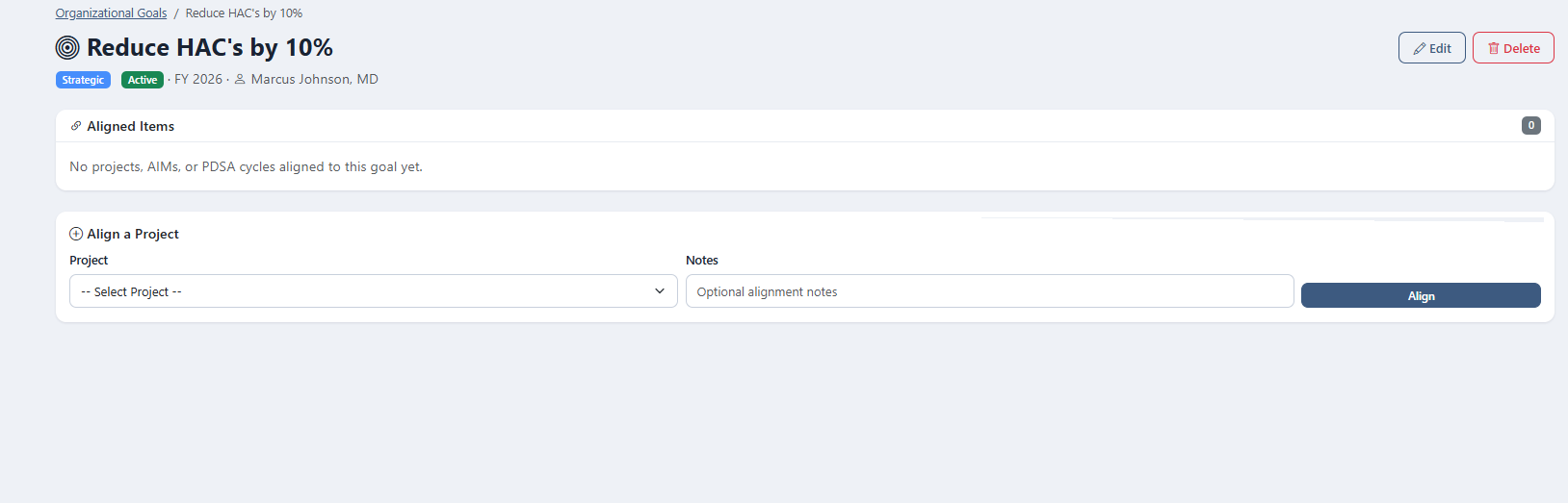 Organizational goal detail view